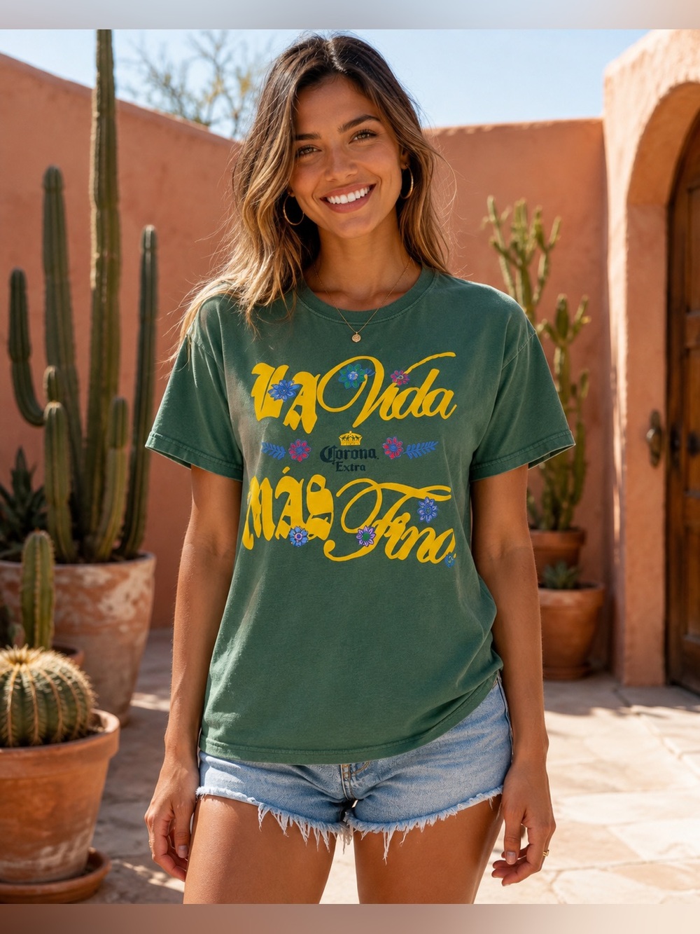 Corona Extra La Vida Mas Fina Graphic T-Shirt Green Floral Women’s M